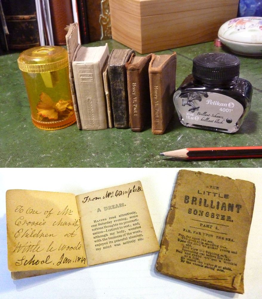 Small antique books the size of a one fluid ounce bottle of ink - songs for children, Tennyson's poetry, a prayer book, Shakespeare's Henry VI, and a short moral story as a tiny book given in 1849 to a child at a UK charity school...which they probably wouldn't have enjoyed (the book or the school).