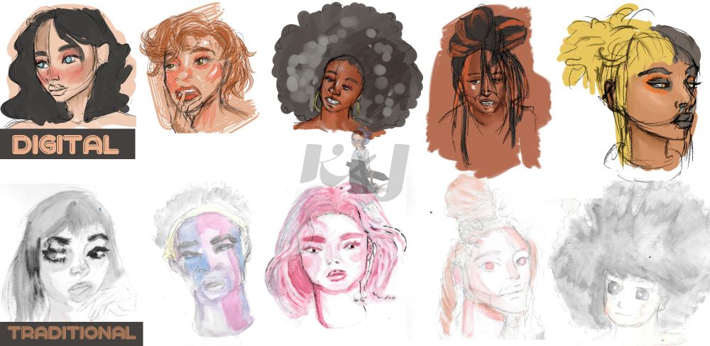 10 facial drawings by keria Art Journey.  Five made with digital art 5 with traditional art techniques. 