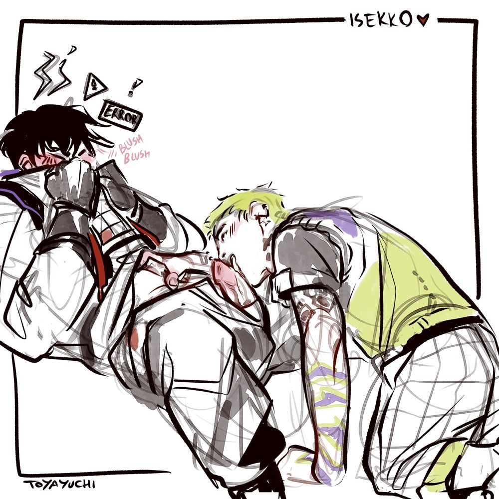 Iso melting and blushing while covering his face while Hello is between his legs licking Iso's dick and looking up to him. 