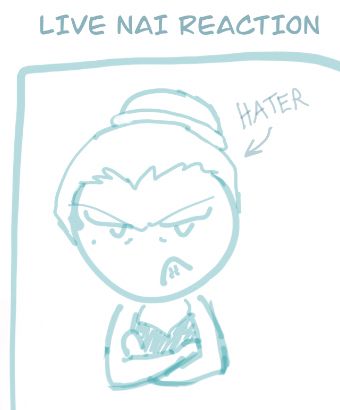 a shitty, simplified doodle of fem!nai with a ballet bun in a leotard. her arms are crossed and she looks Pissed. drawn in a teal color 