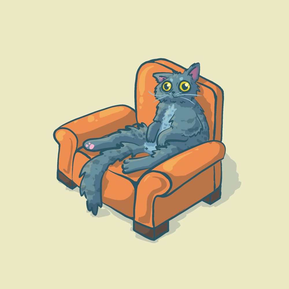 A cat who has definitely seen too much sitting like a person in orange an armchair