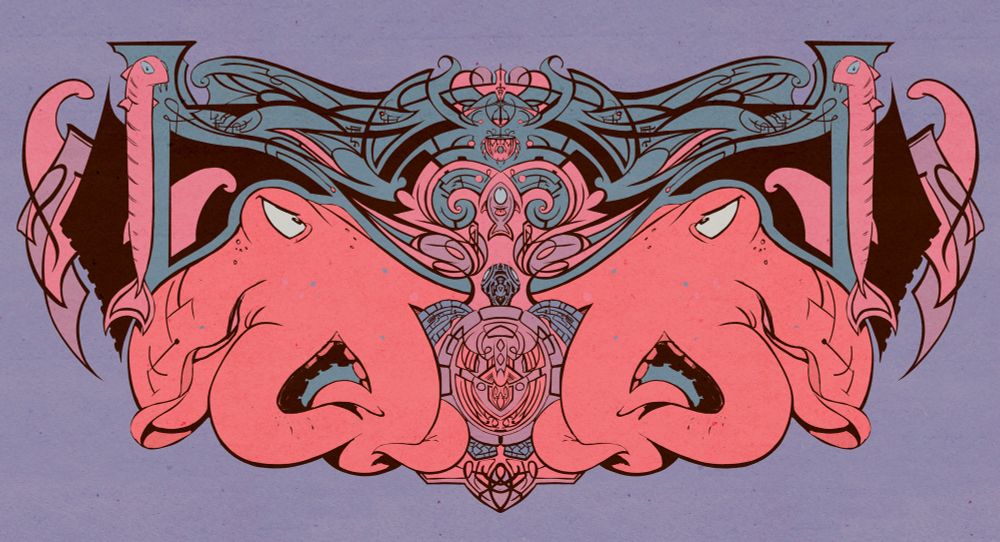 A line drawing in symmetry by idil featuring very insane marine animals, cephalopods, a turtle, all up to NO GOOD