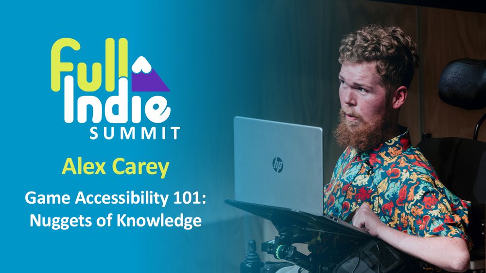 Video thumbnail depicting Alex Carey on stage presenting his Full Indie Summit talk "Game Accessibility 101: Nuggets of Knowledge"