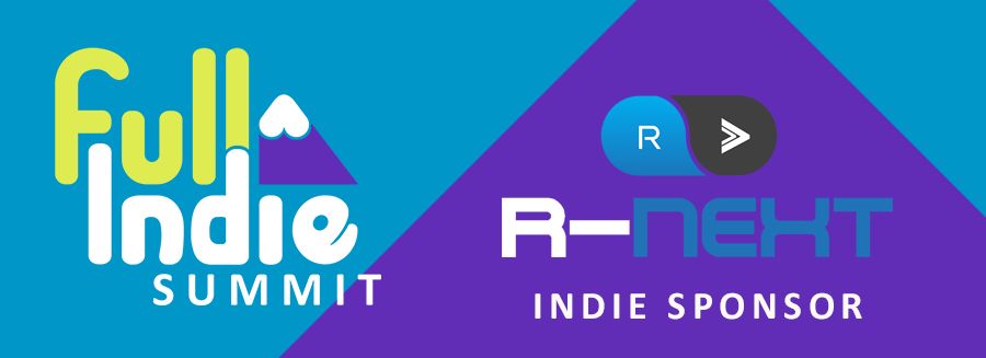 Graphic featuring Full Indie Summit and R-Next's Logos with the text "Indie Sponsor"