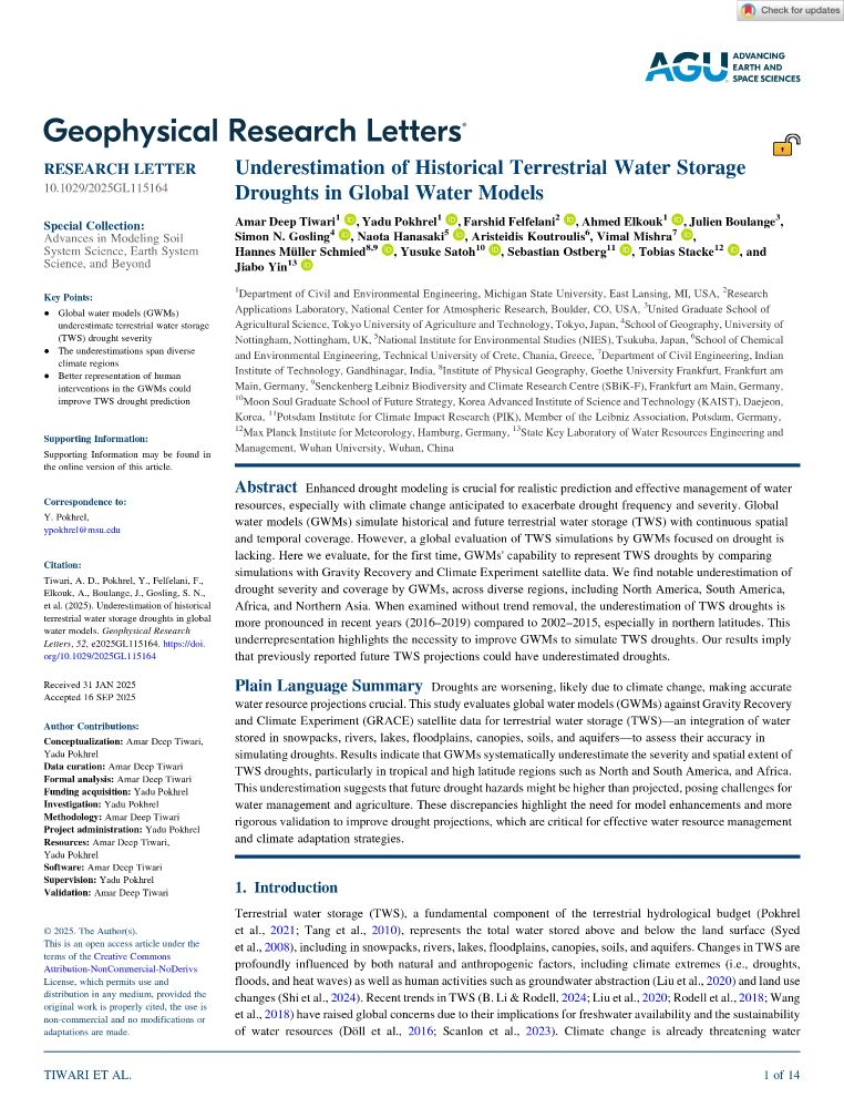 Droughts are intensifying under climate change, making accurate prediction more critical than ever. In our new paper ‘Underestimation of Historical Terrestrial Water Storage Droughts in Global Water Models’ in AGU Geophysical Research Letters (GRL), we conducted the first global evaluation of how well global water models (GWMs) capture terrestrial water storage droughts compared to observations.

Key Findings:
1) GWMs systematically underestimate drought severity and spatial extent, particularly in North America, South America, Africa, and Northern Asia.
2) The underestimation is more pronounced in recent years (2016–2019).
3) Soil moisture errors and limited representation of human interventions (e.g., groundwater extraction, irrigation, reservoir operations) are major drivers of these gaps.

Future projections of water scarcity and drought risk may be more severe than currently estimated, underscoring the urgent need to improve models for better climate adaptation and water resource management.