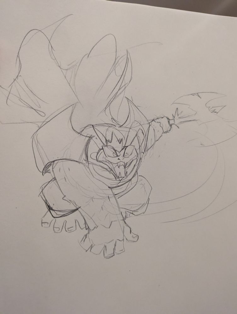Orangusnake holding a laser axe mid jump