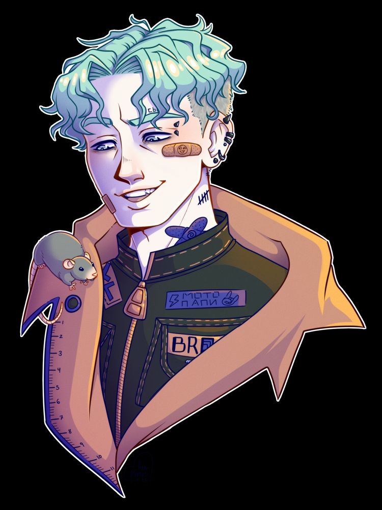 A teal haired man with blue eyes looking at a cute gray rat sitting on his shoulder.