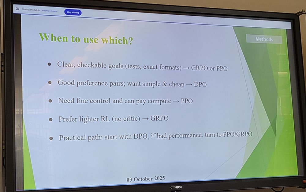 Slide showing practical tips about how to choose reinforcement learning strategy between PPO, DPO, and GRPO.