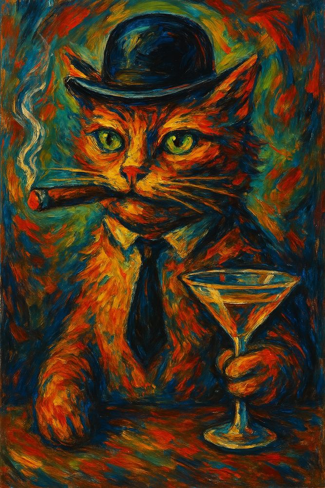 Cat smoking a cigar holding a martini glass