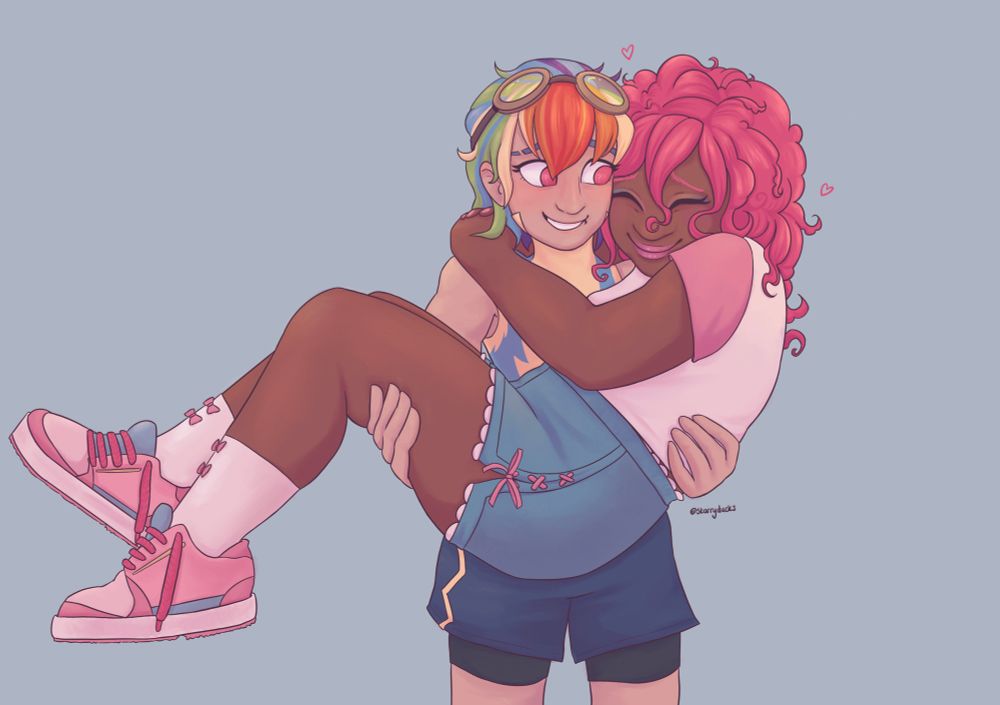 Human rainbow dash holding up human pinkie pie who is snuggling into her. 

Ref to mlp fim season 3 episode 7 wonderbolts academy 