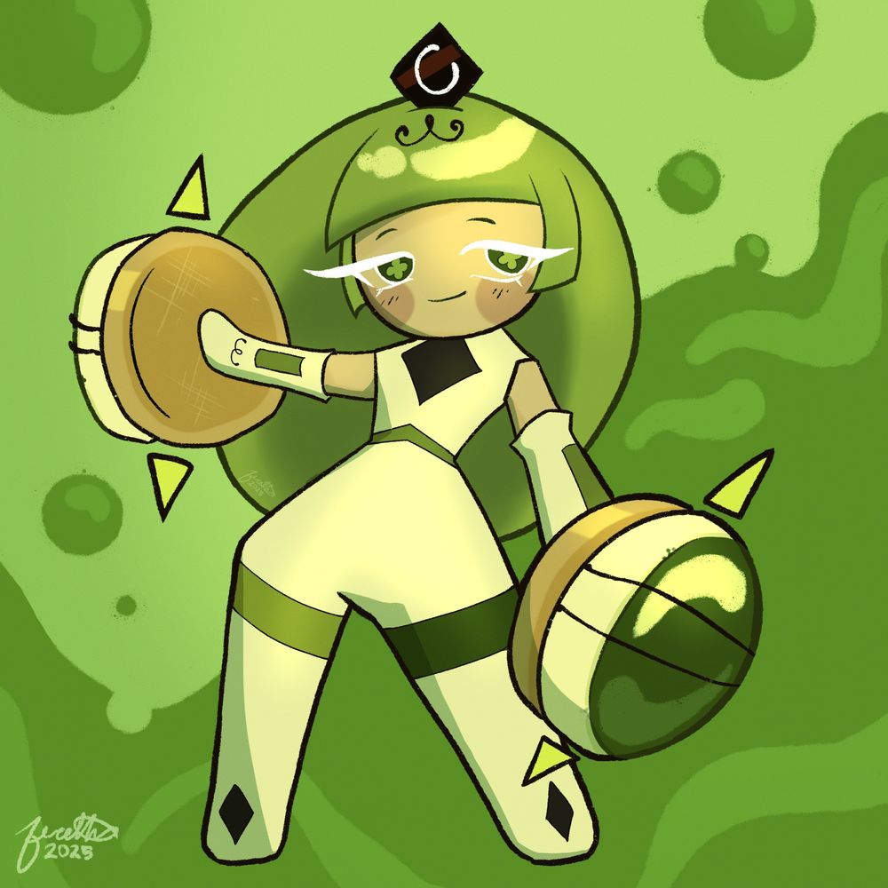 Green Tea Mousse Cookie from the game Cookie Run Kingdom holding her shields up in a “You ladies alright” kind of pose; Art by me the artist Fereth