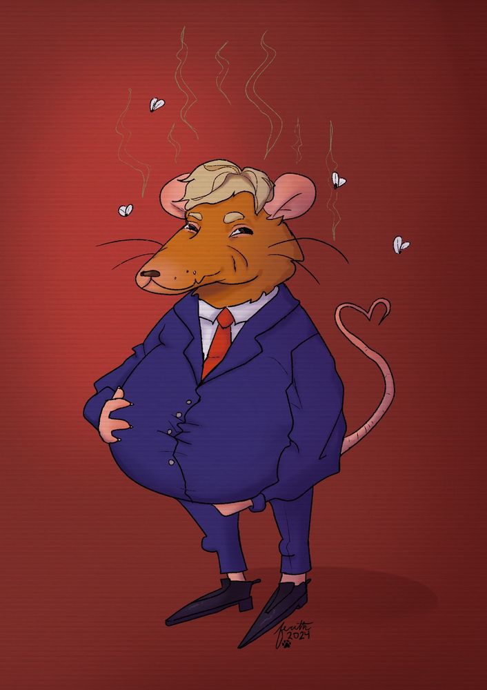 Cartoon Donald Trump as a fursona rat holding his pregnant belly as the artist begs for table scraps.