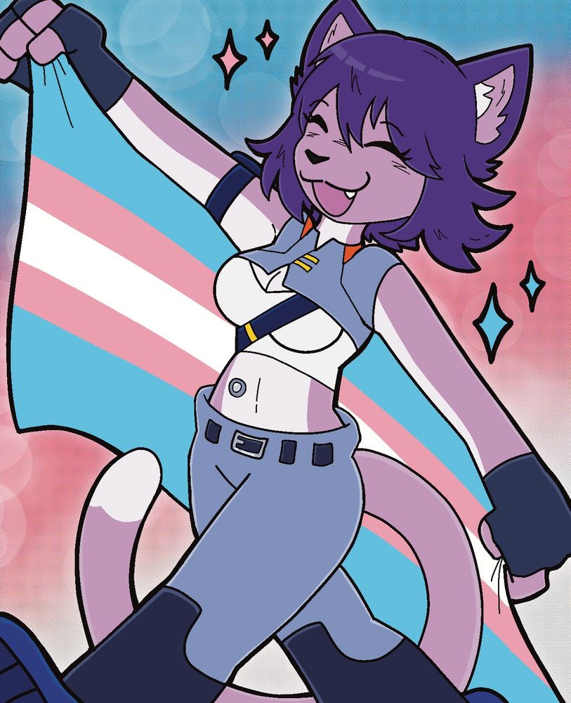Kat Volts holding a trans pride flag!
