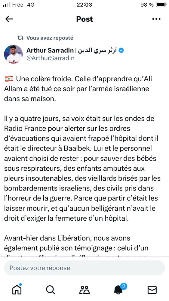 Tweet du journaliste Arthur Sarradin, correspondant au Liban pour plusieurs médias français 