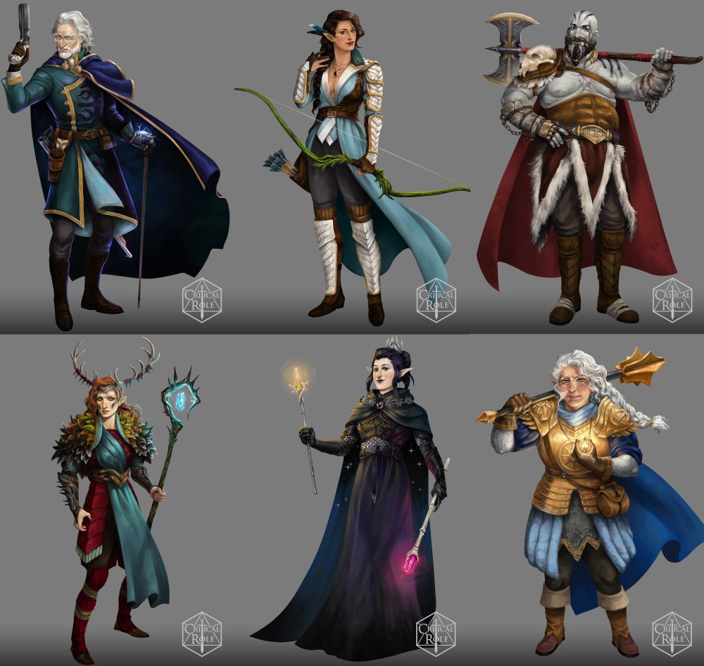 A collage of illustrations showing full body renderings of the Vox Machina characters from Critical Role season 3.