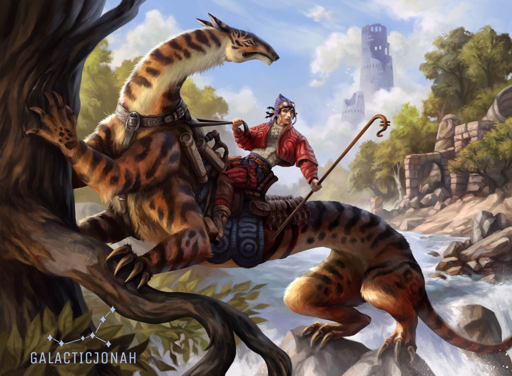 Digital fantasy illustration that shows a young rider mounted on an unusual creature. The creature resembles some sort of jungle cat but has a long body with six limbs instead of four. It's neck is long and bent and it's face while feline has a snout similar to a tapir's. The rider is dressed in red clothing, with a blue hat and goggles and is looking out over the landscape. The creature is perched climbing over rocks and trees above a waterfall. Behind them is a river, lush forests and ruins. Two massive towers loom in the distance against blue skies.