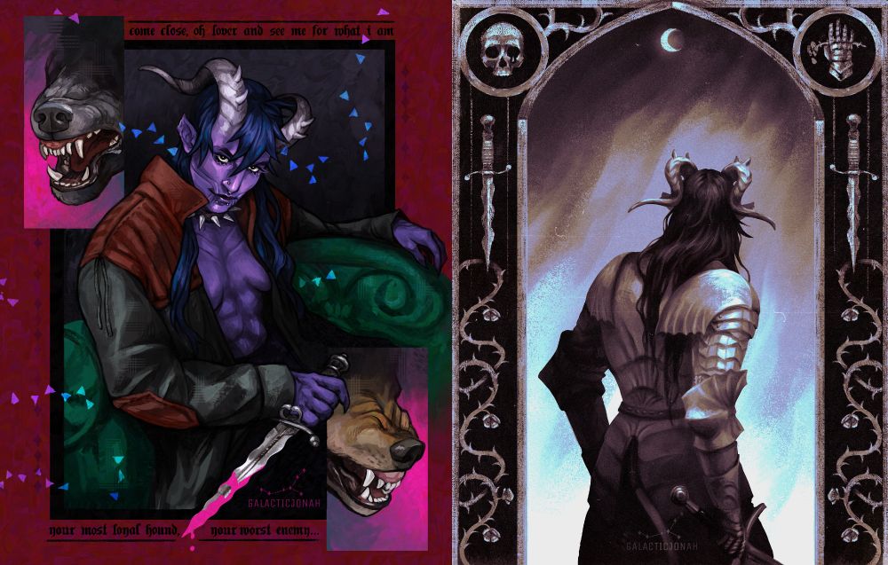 Two illustrations of the artist's oc: 
1: A purple, horned person sits on a green couch and stares at the viewer in an alluring and threatening way. They are holding a curved dagger that drips with blood. Two panels left and right show the snarling snouts of wolves.
2: digital illustration: Pictured is a knight in full armour, bar helmet. their hair is long and dark and they have curling horns on their head. They face away from the viewer, looking into a stylized nightsky with a crescent moon. The frame of the image contains thorned rose bramble, parrying daggers and an illustration in each corner: a weeping skull on the left and a armoured gauntlet holding a rose on the right.