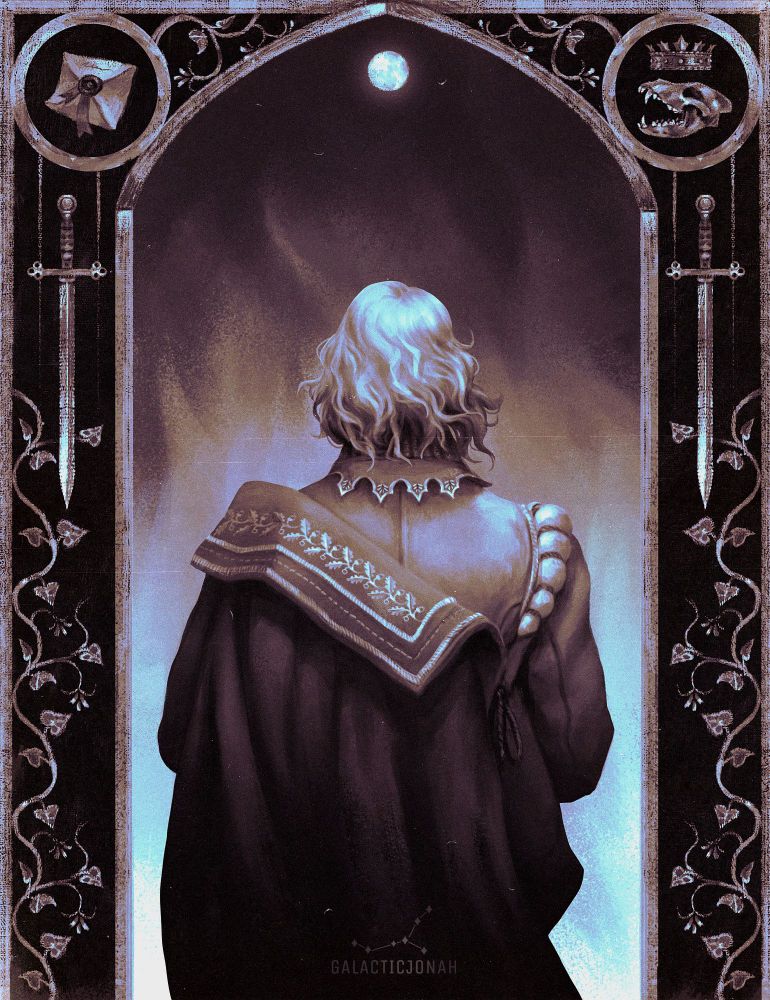 digital illustration: Pictured is a young noble man with blonde, wavy hair and a cape on one shoulder. He faces away from the viewer, looking into a stylized nightsky with a full moon. The frame of the image contains ivy vines, swords and an illustration in each corner: a wax sealed letter on the left and a wolf skull with a crown above on the right. 