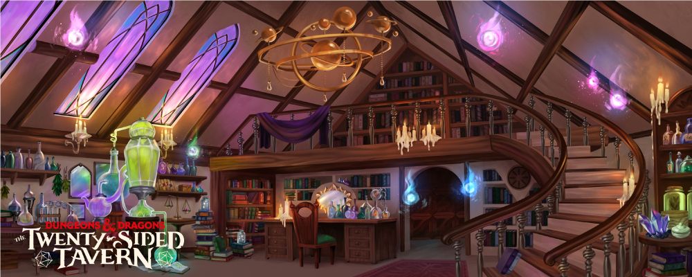 An illustration from D&Ds Twenty-Sided Tavern showing a wizard's study, illuminated in many colourful lights. A staircase leads up to a second floor, covered in books. 
