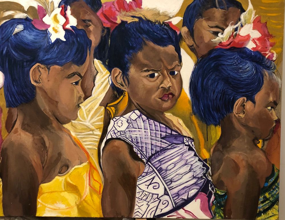 These two paintings show in vivid traditional coloured dresses a group of seriously focused girls and a group of young men dancers getting ready for a ceremony.