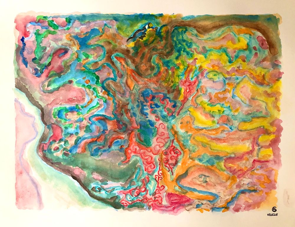 The pink man on the bottom left is only watching the bird on top of nature’s turmoil.