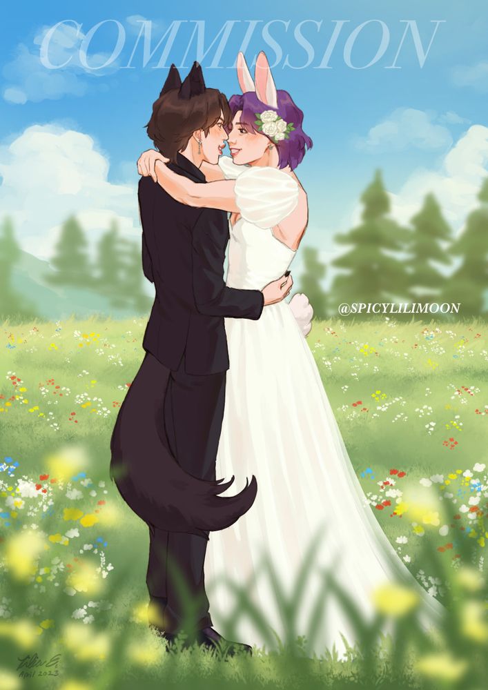 Illustration of Wolf Jin and Bunny Jungkook on their wedding day. They are embracing in the middle of a grassy field surrounded by flowers. Seokjin is in a black suit and wearing a single drop earring on his right ear, and Jungkook has purple hair and wearing a white wedding gown. Seokjin has his hands on JK's waist, and JK has his arms circled around Seokjin's shoulders. They gaze lovingly into each other's eyes. #jinkook #omegaverse