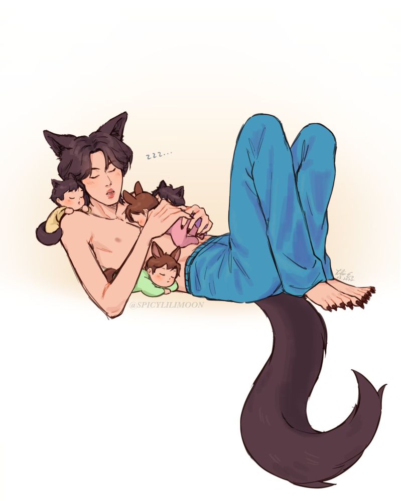 Shirtless WolfJin in blue pajama pants, taking a nap with his and Bunkoo's four bunpup babies cuddled against him. One is hanging off his shoulder, one is snuggled up against his side, the third one is face down against his chest and cupped by Seokjin's hands, the last one is barely visible with only the tuft of their dark hair and baby wolf ears peeking out from behind Seokjin's other side. #jinkook #omegaverse 