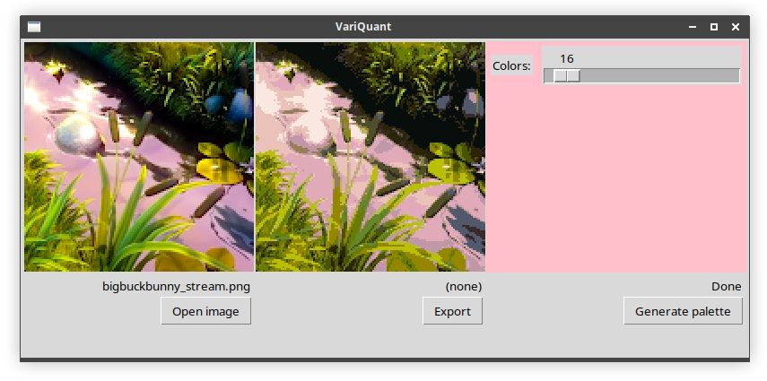 A screenshot of an image editing tool with three horizontal panels. The first two show versions of the same image, with the one on the right slightly degraded. The third column includes a single horizontal slider labelled "Colors", set to 16, and a "Generate palette" button. Looks like a professional UNIX tool!