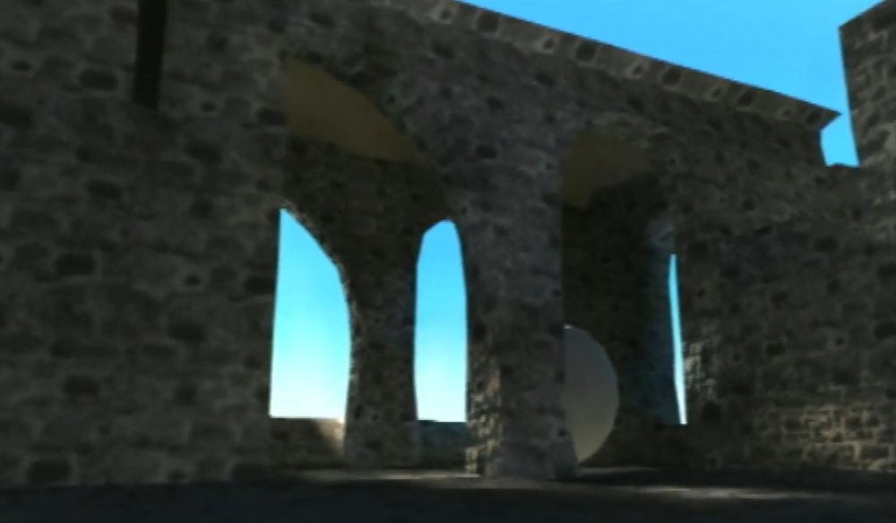 A screenshot of a graphics demo with an arched outdoor hallway made of rock walls with the sky seen behind, with the out-of-frame sun casting its light to the cobblestone floor and walls.