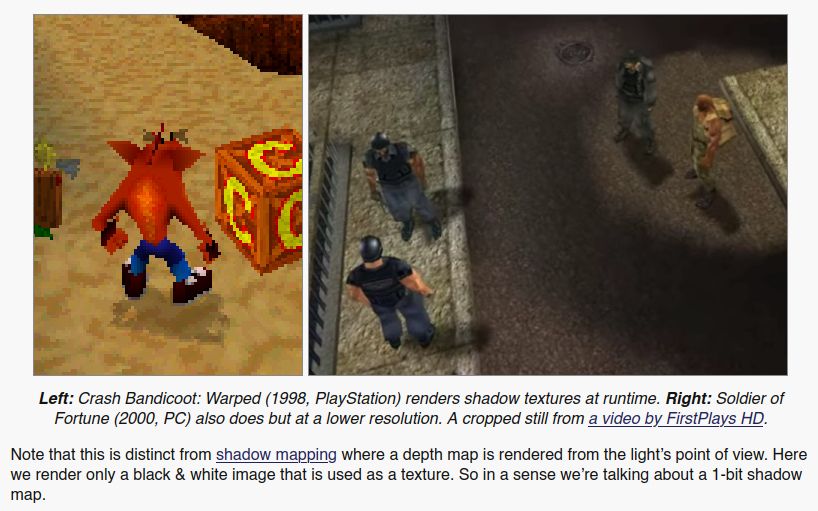 Left: Crash Bandicoot: Warped (1998, PlayStation) renders shadow textures at runtime. Right: Soldier of Fortune (2000, PC) also does but at a lower resolution.