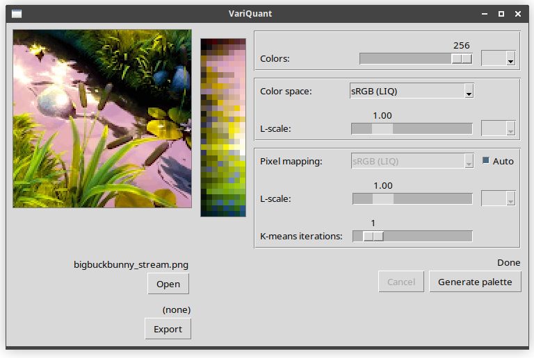 A screenshot of "VariQuant", my color quantization (palette creation) tool. From left to right: the quantized result, a palette visualization sorted by hue on the vertical axis, and finally the quantization parameters that can be adjusted live.