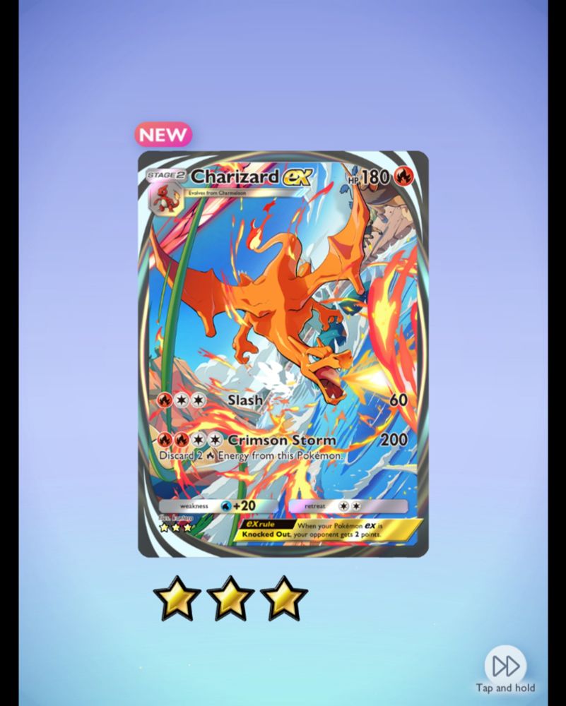 Pokemon Pocket immersive Charizard EX card. An orange dragon breathes fire in front of a huge wave.