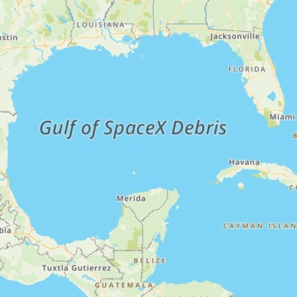 A map of the waters between USA and Mexico, renamed to the Gulf of SpaceX Debris