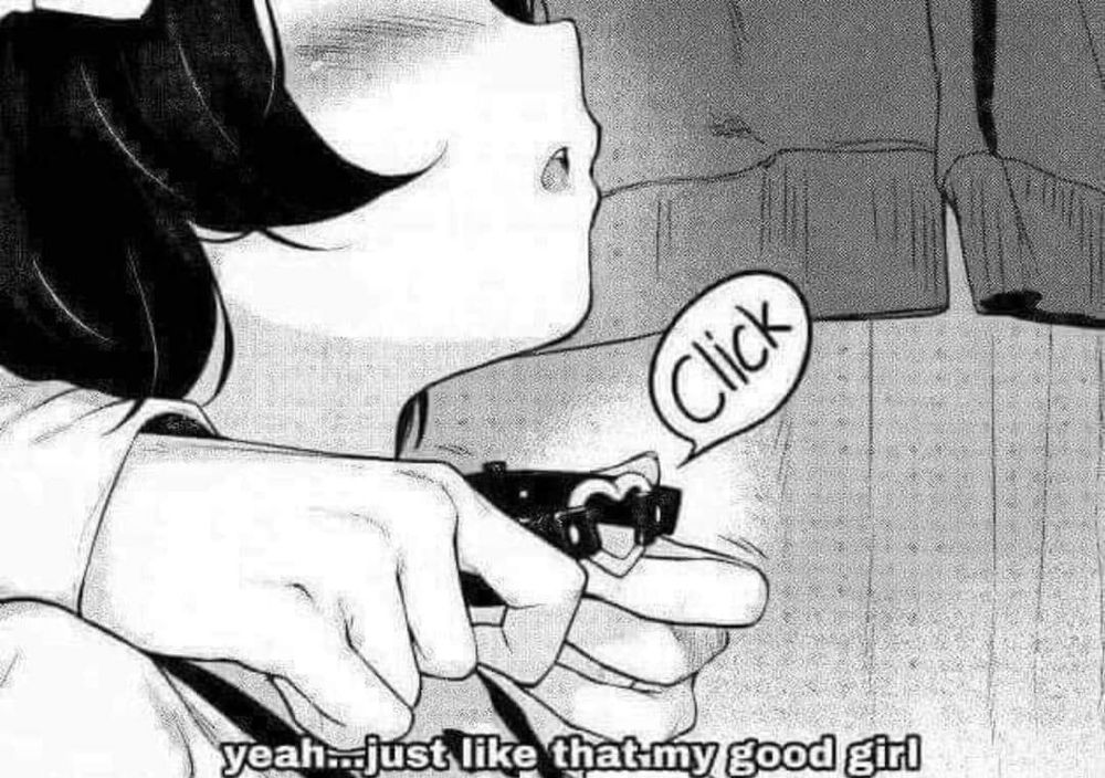 Picture shows a woman, mouth open in a moan, getting a collar put around her neck by an unknown person from behind.

The text below says: " yeah...just like that my good girl"