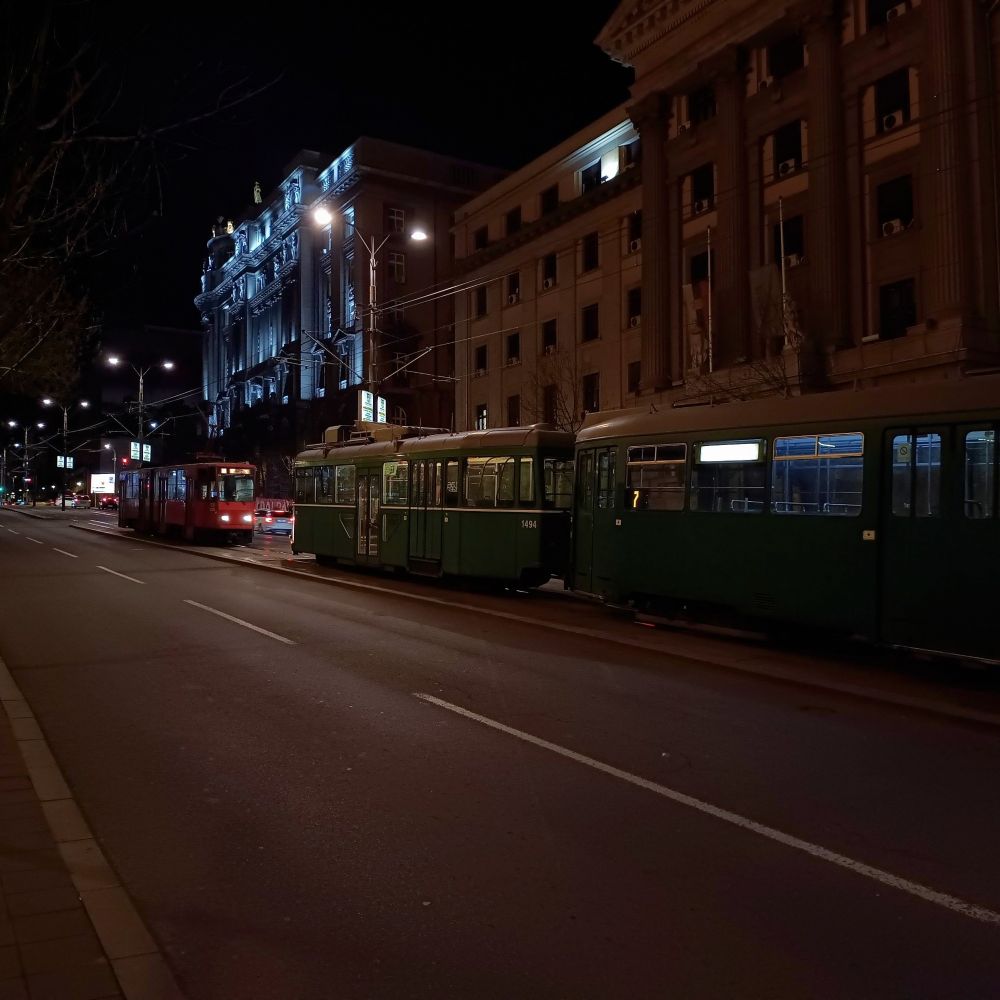 Pictures of trams in Belgrade'street during the night