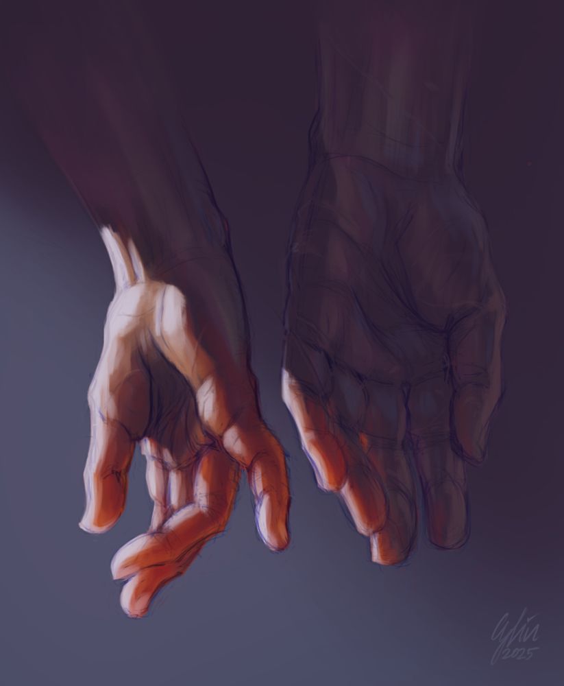 Two hands are nearly touching while light shines from the left, partially shining through their fingers. The left hand, bathed mostly in light, is reaching out gently or hesitantly with their little finger to the other hand, which is mostly shrouded in darkness