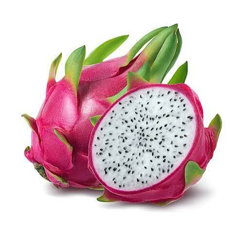 Stock photo including a whole and a halved dragonfruit with white fleshy inside