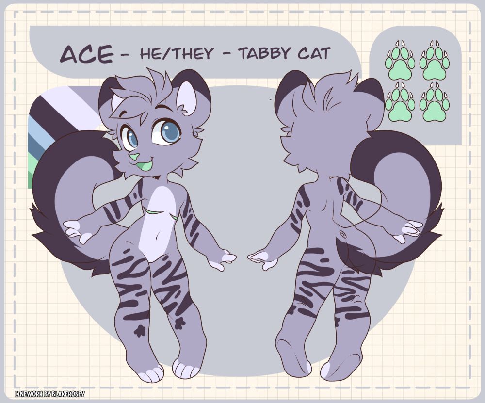 a reference sheet of an anthro tabby cat. They are muted purple with darker purple stripes and have one star marking per leg. they also have top scars. Their eyes are blue with darker blue pupils. their paw pads, mouth, nose, and top scars are light green.