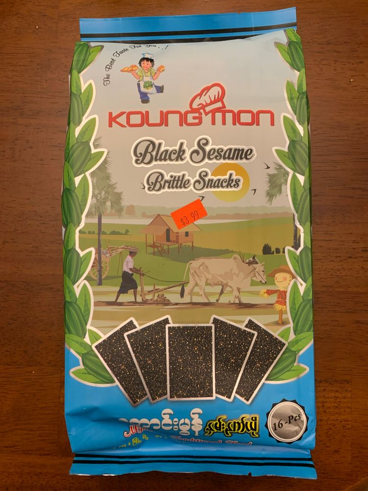 Black Sesame Brittle Snacks from Myanmar. The package is in Burmese and English