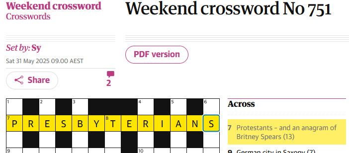 The Guardian's Weekend Crossword with the clue "Protestants - and an anagram of Britney Spears (13 letters)"