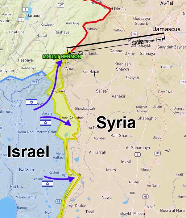 Map of Israel and Syria showing large incursion by Israel 