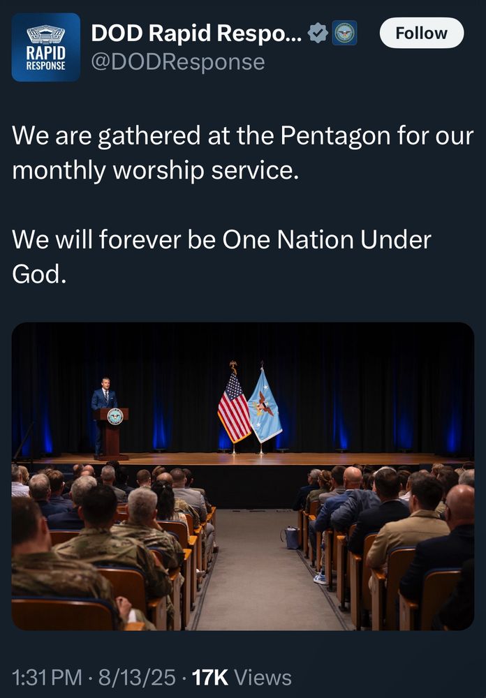 RAPID RESPONSE
DOD Rapid Respo...
@DODResponse
Follow
We are gathered at the Pentagon for our monthly worship service.
We will forever be One Nation Under God.
1:31 PM • 8/13/25 • 17K Views