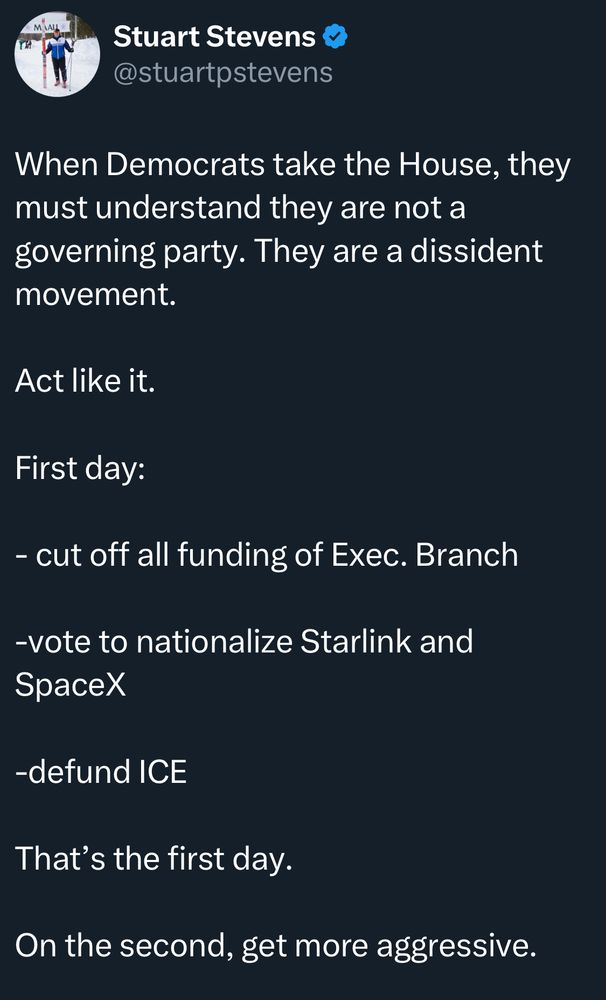 Stuart Stevens @stuartpstevens When Democrats take the House, they must understand they are not a governing party. They are a dissident movement. Act like it. First day: - cut off all funding of Exec. Branch -vote to nationalize Starlink and SpaceX -defund ICE That's the first day. On the second, get more aggressive.