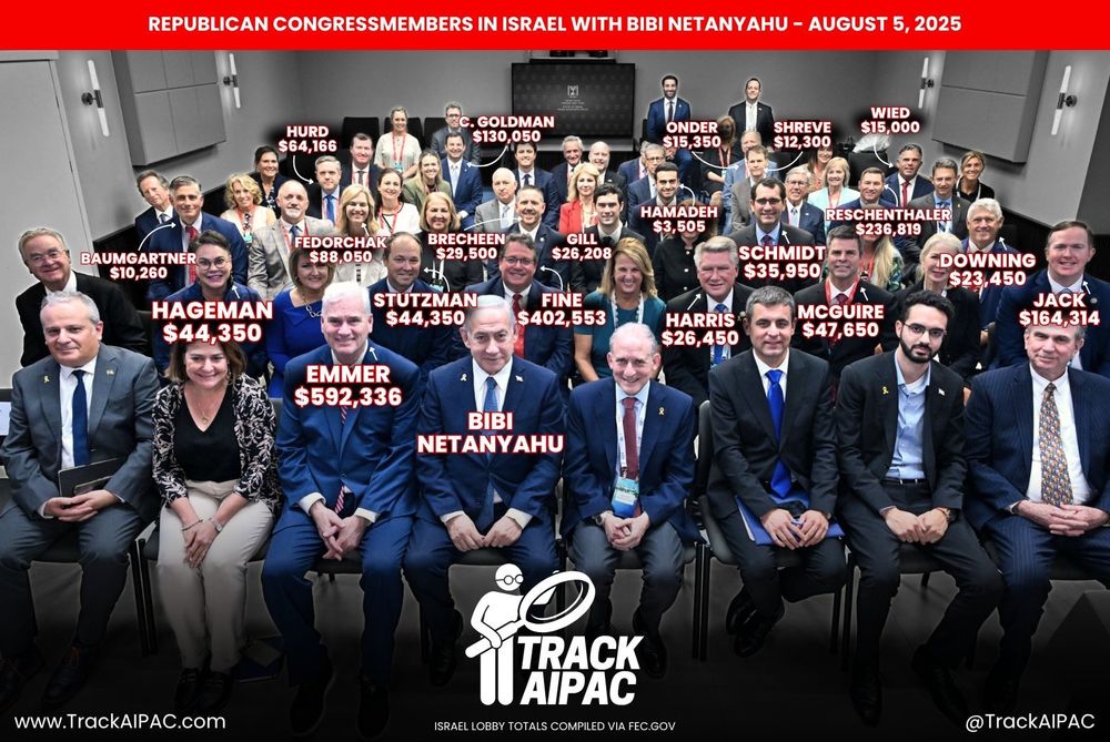 Several dozen Congressional representatives seated in rows in a room in Israel with Netanyahu front and center. They are labeled with their names and the amounts they’ve taken from AIPAC.