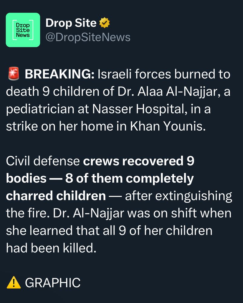Drop Site News
Drop Site 17,
@DropSiteNews
BREAKING: Israeli forces burned to death 9 children of Dr. Alaa Al-Najjar, a pediatrician at Nasser Hospital, in a strike on her home in Khan Younis.
Civil defense crews recovered 9 bodies — 8 of them completely charred children — after extinguishing the fire. Dr. Al-Najjar was on shift when she learned that all 9 of her children had been killed.
GRAPHIC