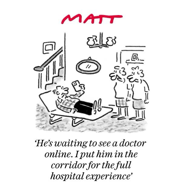 Cartoon He’s waiting to see a doctor online. I put him in the corridor for the full hospital experience. 