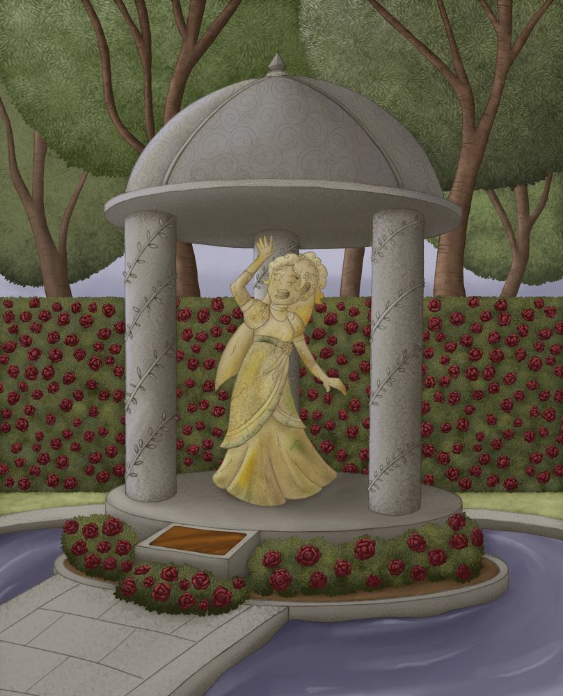 A statue of a bride with her arm raised above her head as she screams in fear. She is placed upon a stone pavilion surrounded by rose bushes 