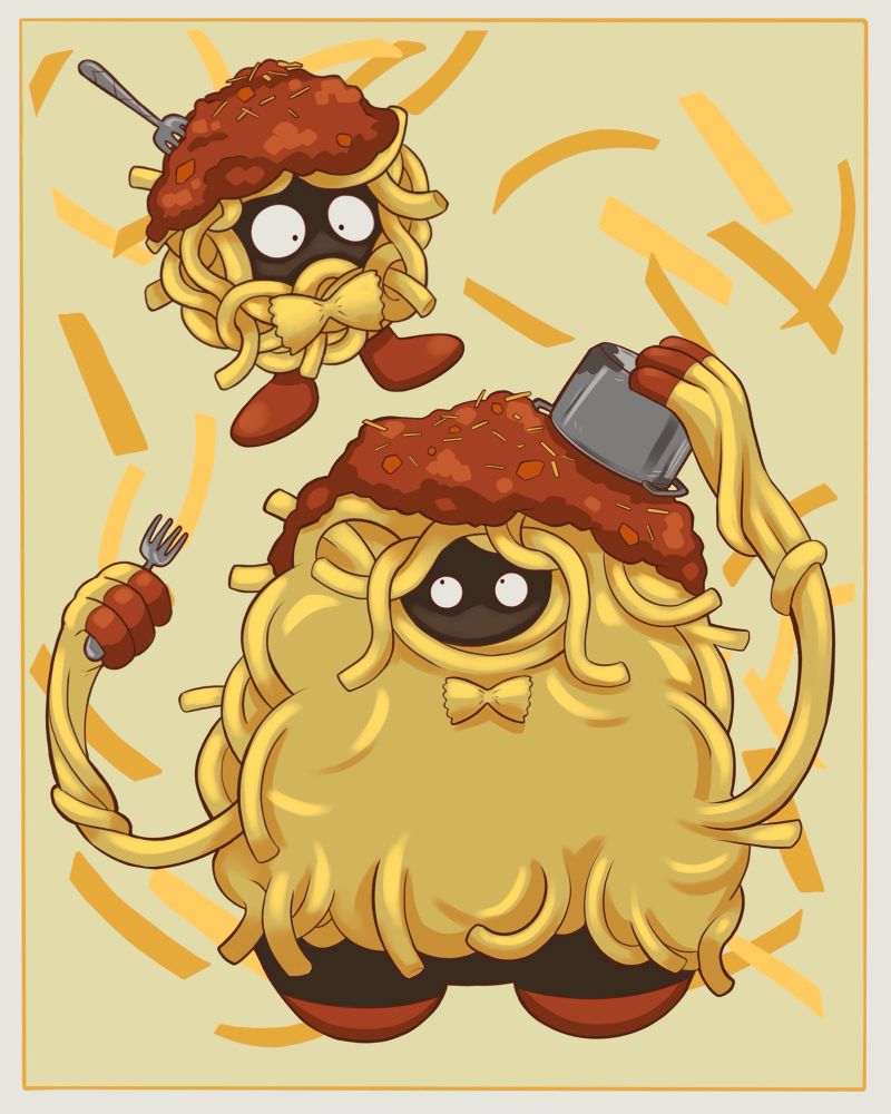 An image showing the Pokémon Tangela and Tangrowth, except they have noodles instead of vines. 