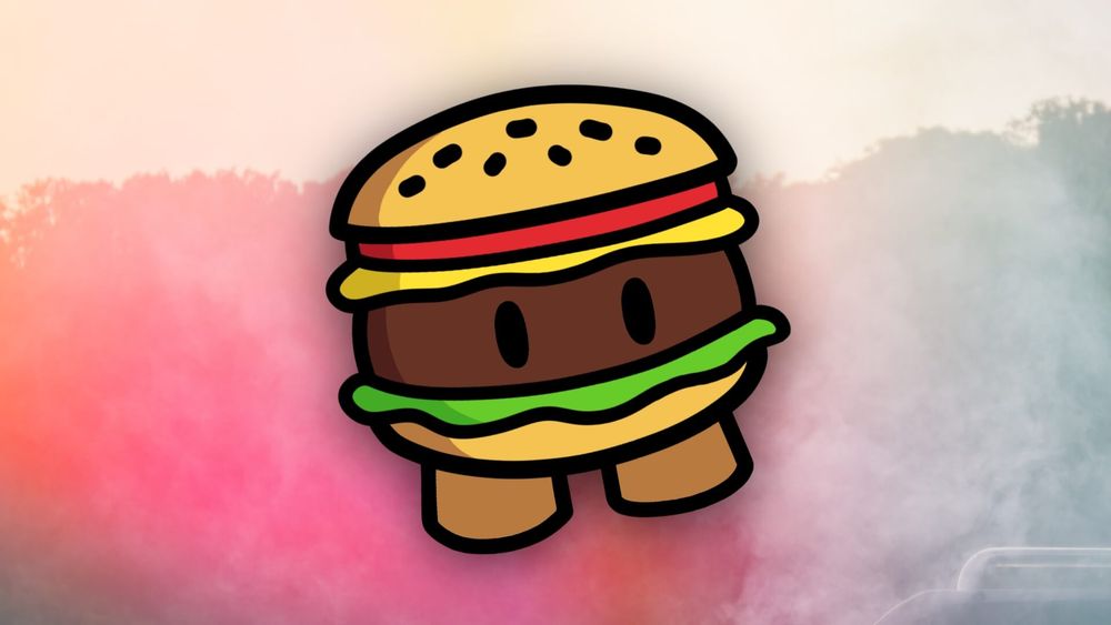 A Gimkit Cosmetic character called a Gim in the shape of a hamburger with bun, tomato, cheese, a burger, and lettuce. The character is a circle shape with legs.