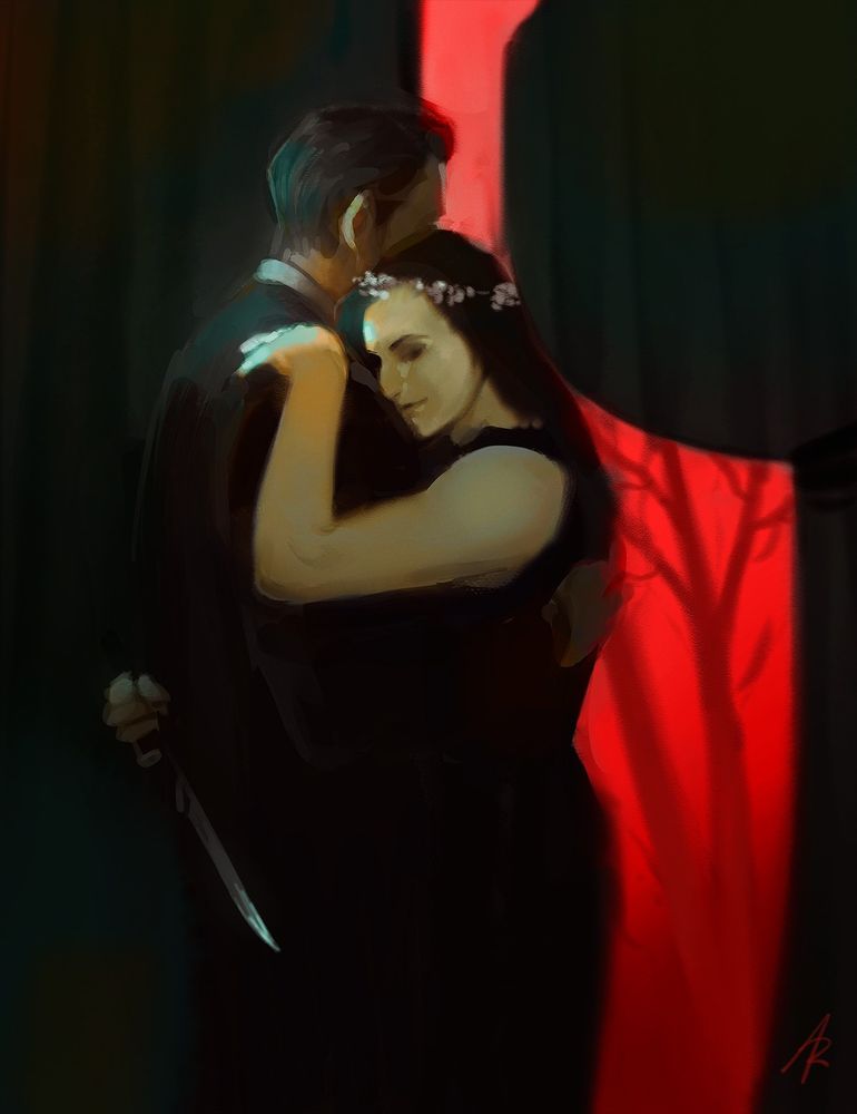 Alan wake 2 fanart. Kesä and Baba Jakala dancing in front of a dark curtain. The curtain is parted in the shape of a knife to reveal a red forest. Baba has a nice behind Kesä's back.